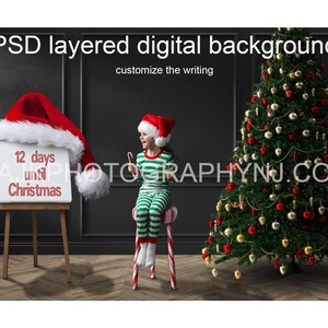 12 days until Christmas digital background, candy cane stool, Christmas tree, Santa hat, PSD