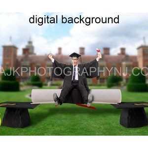 Graduation digital background, giant graduation cap and diploma, school digital backdrop
