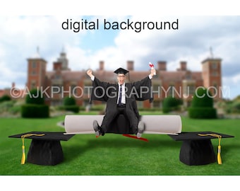 Digitale achtergrond voor afstuderen, gigantische afstudeerpet en diploma, digitale achtergrond voor school