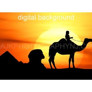 Sfondo digitale, silhouette di cammello, sfinge e piramidi di Giza, deserto egiziano, sfondo digitale