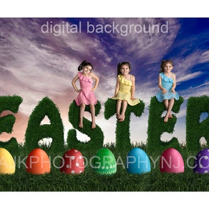 Easter digital background, giant bush letters spelling Easter, giant Easter eggs in a field, Easter bush letters, digital backdrop