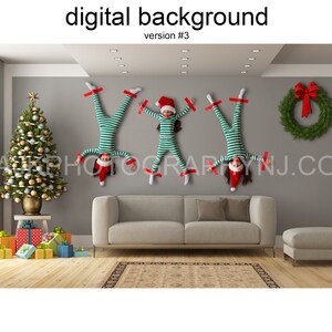 Kinderen geplakt op een muur in de woonkamer, digitale kerstachtergrondversie #3