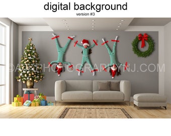 Children taped to a living room wall, Christmas digital background version #3