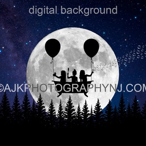Digital backdrop, flying bathtub silhouette, large moon, forest, bubbles, digital background