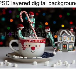 Tazza di cioccolata calda con bastoncino di zucchero mescolato sfondo digitale di Natale