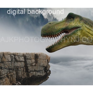 dinosaur digital backdrop, T-Rex by edge of cliff, misty mountains, Tyrannosaurus Rex, digital background