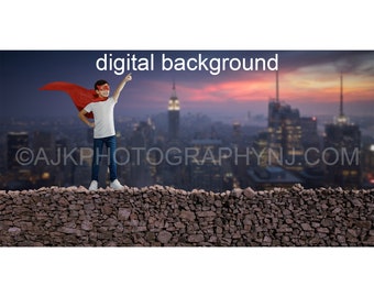 Superhero digital background, stone wall overlooking city, digital backdrop