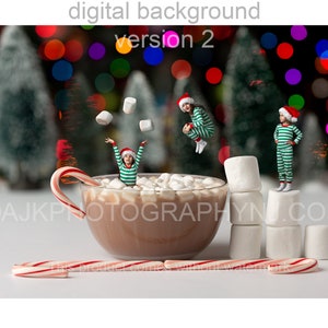 Weihnachten digitaler Hintergrund, heiße Schokolade in der Schüssel mit Zuckerstangen und Marshmallows, Lichter und Bäume im Hintergrund, digitaler Hintergrund Version 2