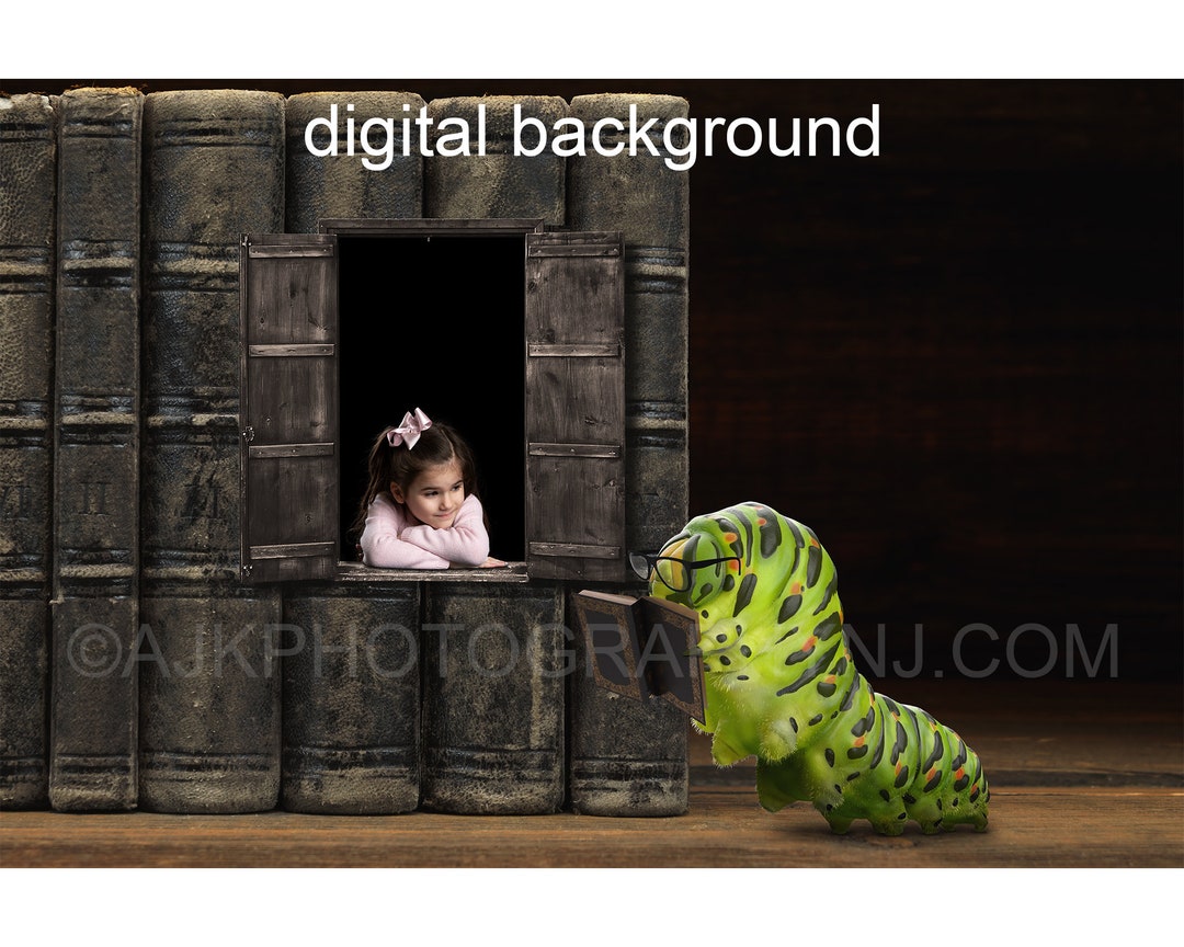 Bookworm Window Display Digital Background, Bookworm Reading a Book, Library Shelf With Old ...
