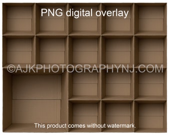 17 empty cardboard boxes template, 16 students and 1 teacher, class photo template, PNG Digital Overlay