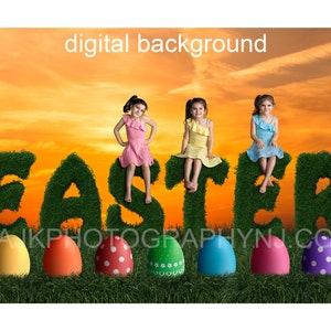 Easter digital background, giant bush letters spelling Easter, giant Easter eggs in a field, Easter bush letters, gold sky, digital backdrop