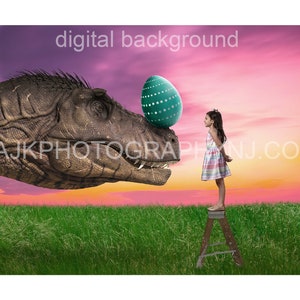 Easter digital background, T-Rex with Easter egg on nose, step stool in field, pink sky, beautiful sunset, Easter digital backdrop
