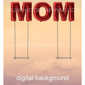 Happy Mother's Day digital background, giant red balloons spelling MOM, mother daughter swings, digital backdrop