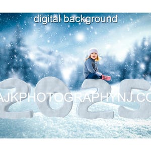 New Years digital backdrop, 2025, snow numbers, field of snow, blue sky, digital background