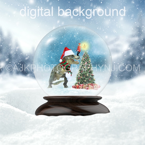 Christmas digital backdrop, T Rex dinosaur in snow globe in front of Christmas tree, digital background