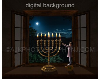 Hanukkah digital backdrop, giant dreidel, 7 candle menorah, Chanukah digital background