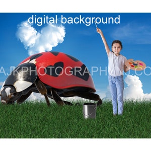 May include: A red and black ladybug crawls through green grass with a girl holding a paint palette and a paint bucket in front of a blue sky with white clouds. The text "digital background" is at the top of the image.