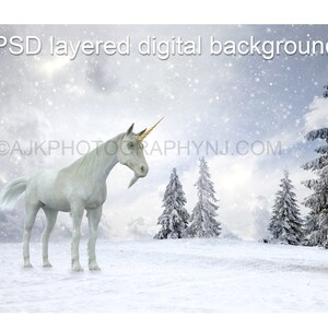Winter digital backdrop, unicorn in a field of snow, unicorn digital backdrop, digital background