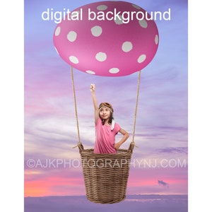 Easter digital background, pink polka dot egg hot air balloon, wicker basket, beautiful purple sky, digital backdrop