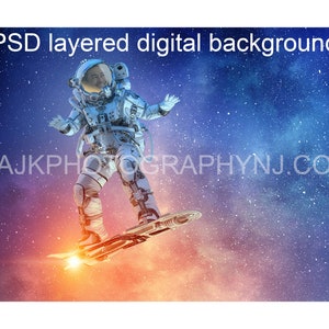 May include: An astronaut wearing a white spacesuit is riding a futuristic hoverboard with a flame coming from the back. The astronaut is flying through a starry sky with a nebula in the background. The text "©AJKPHOTOGRAPHYNJ.COM" is in the bottom left corner of the image.