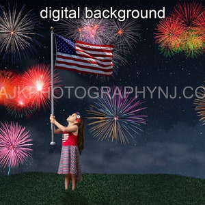 Fourth of July digital background, fireworks in sky, subject holding flag, Independence Day digital backdrop