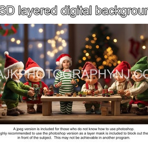 May include: Five small elves wearing red and green elf hats are sitting at a table playing with toy cars. The elves are in a room decorated for Christmas with a Christmas tree and lights.