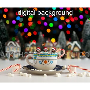Christmas digital backdrop, blue mug of hot chocolate, marshmallows, candy canes, digital background