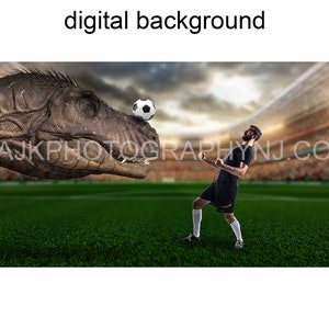 Dinosaur digital background, T-Rex dinosaur with soccer ball on nose, Tyrannosaurus Rex digital backdrop