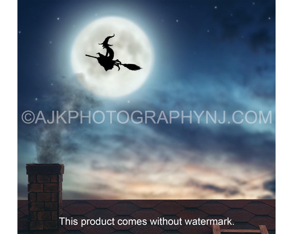 Witch on Broomstick Flying Across Moon Over a Rooftop - Etsy