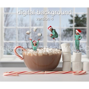 Sfondo digitale natalizio, cioccolata calda in una ciotola con bastoncini di zucchero e marshmallow, finestra invernale, sfondo digitale versione 4
