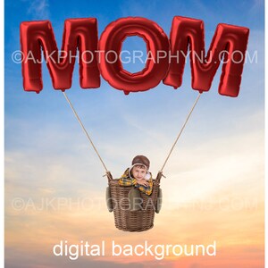 Happy Mother's Day digital background, giant red balloons spelling MOM, hot air balloon, digital backdrop