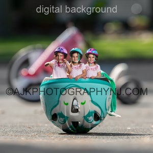 Digital backdrop, miniature person in bicycle helmet, digital background