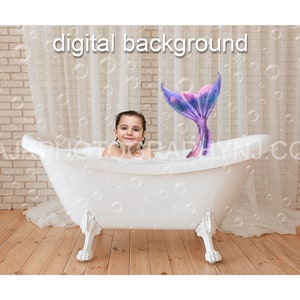 mermaid digital backdrop, mermaid tail in bathtub, purple tail, fancy bathroom, digital background