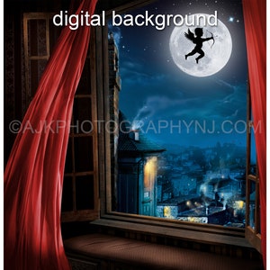 Valentine digital background, cupid flying across moon over an old town, red drapes, Valentine window digital backdrop