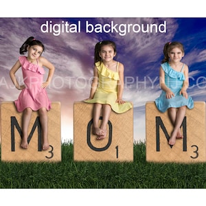 Mother's Day digital background, giant scrabble letters spelling MOM in grassy field and blue sky, digital backdrop