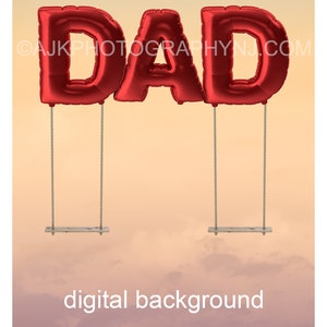 Happy Father's Day digital background, giant red balloons spelling DAD, father daughter swings, digital backdrop