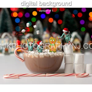 Bonhomme en pain d'épice perdant la tête dans un bol de chocolat chaud et de guimauves Noël arrière-plan numérique version # 1