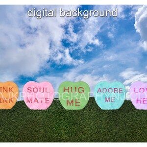 Valentines Day digital background, giant Valentine candy hearts in a grass field, blue sky, digital backdrop