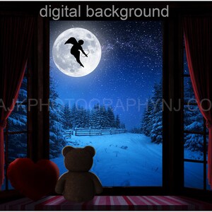 Valentine digital background, cupid in front of moon, large bay window, window seat, red heart pillow, teddy bear, digital backdrop 3