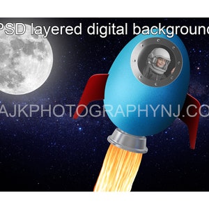 Easter egg spaceship flying in outer space, large moon, stars, rocket ship, Easter digital background