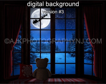 Christmas window digital background, Santa flying in sleigh across moon over woods at night, bay window, teddy bear, digital backdrop #3