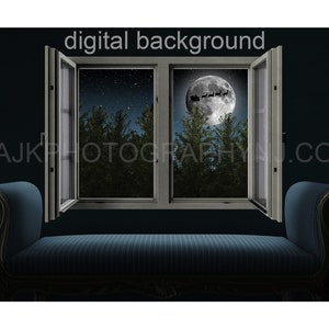 Christmas window digital background, Santa flying in sleigh across moon, open window, digital backdrop