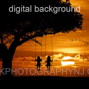 May include: Silhouette of two children on a swing set against a sunset sky. The sky is a vibrant orange and yellow with fluffy clouds. The sun is setting in the distance. The image is captioned "digital background" and "CAJKPHOTOGRAPHYNJ.COM".