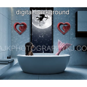 Digital bakgrund för alla hjärtans dag, digital sjöjungfrubakgrund, blått fönster, cupid vid månen, rosa svans, flytande bubblor, digital bakgrund