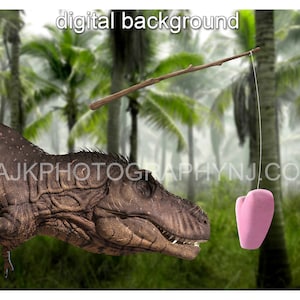 Valentine digital backdrop, T-Rex dinosaur chasing a candy heart on a stick, child sitting on dinosaur, dinosaur digital background