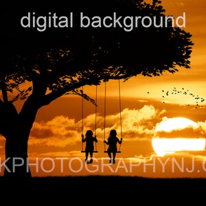 May include: Silhouette of two children on a swing set against a sunset sky with a large orange sun and a flock of birds flying overhead.