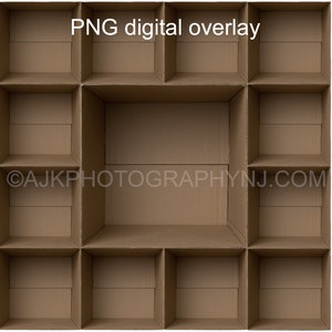Plantilla de 13 cajas de cartón vacías, dentro de la caja, 12 estudiantes y 1 maestro, plantilla de foto de clase, superposición digital PNG