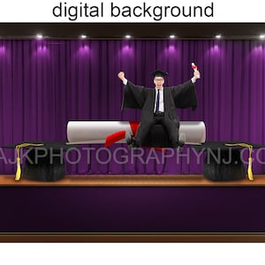Graduation digital background, giant graduation caps and diploma, stage with purple curtains, school digital backdrop