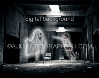 Fantôme dans une chambre effrayante, toile de fond numérique Halloween
