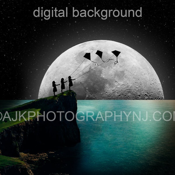 Children flying kites on a cliff in front of a large moon silhouette digital background